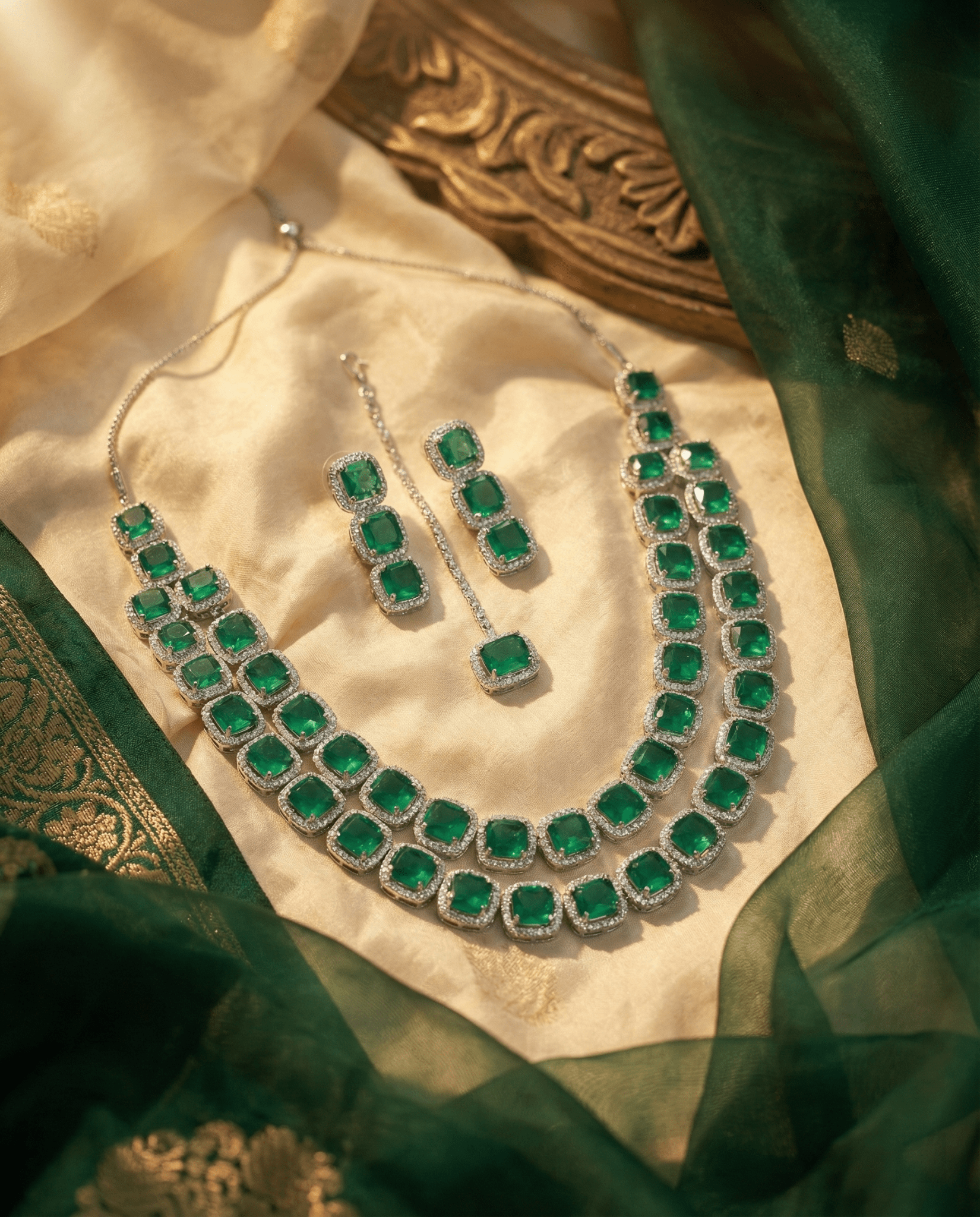 Emerald Double Layer Cushion Cut Necklace Set | Premium Party Jewellery - Maxiblink
