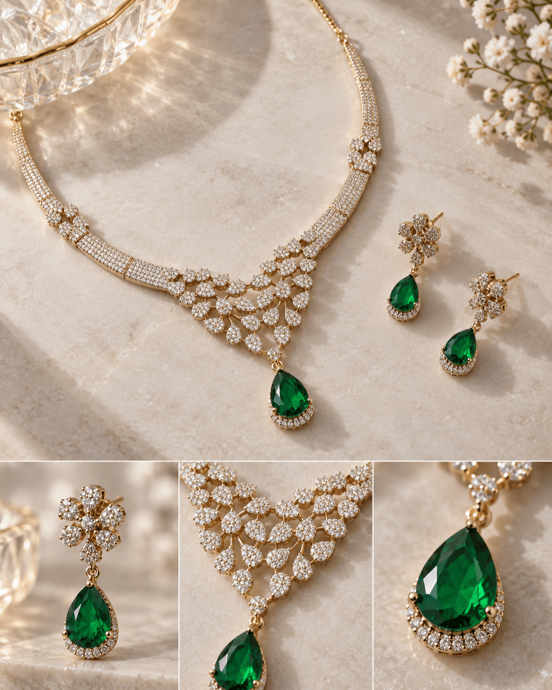 Emerald Drop Gold-Plated Choker Necklace Set - Maxiblink
