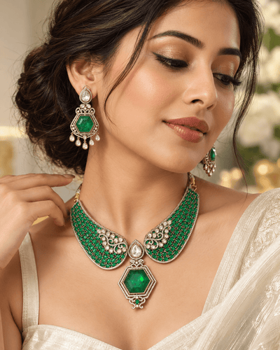 Emerald Geometric Gold-Plated American Diamond Necklace Set - Maxiblink