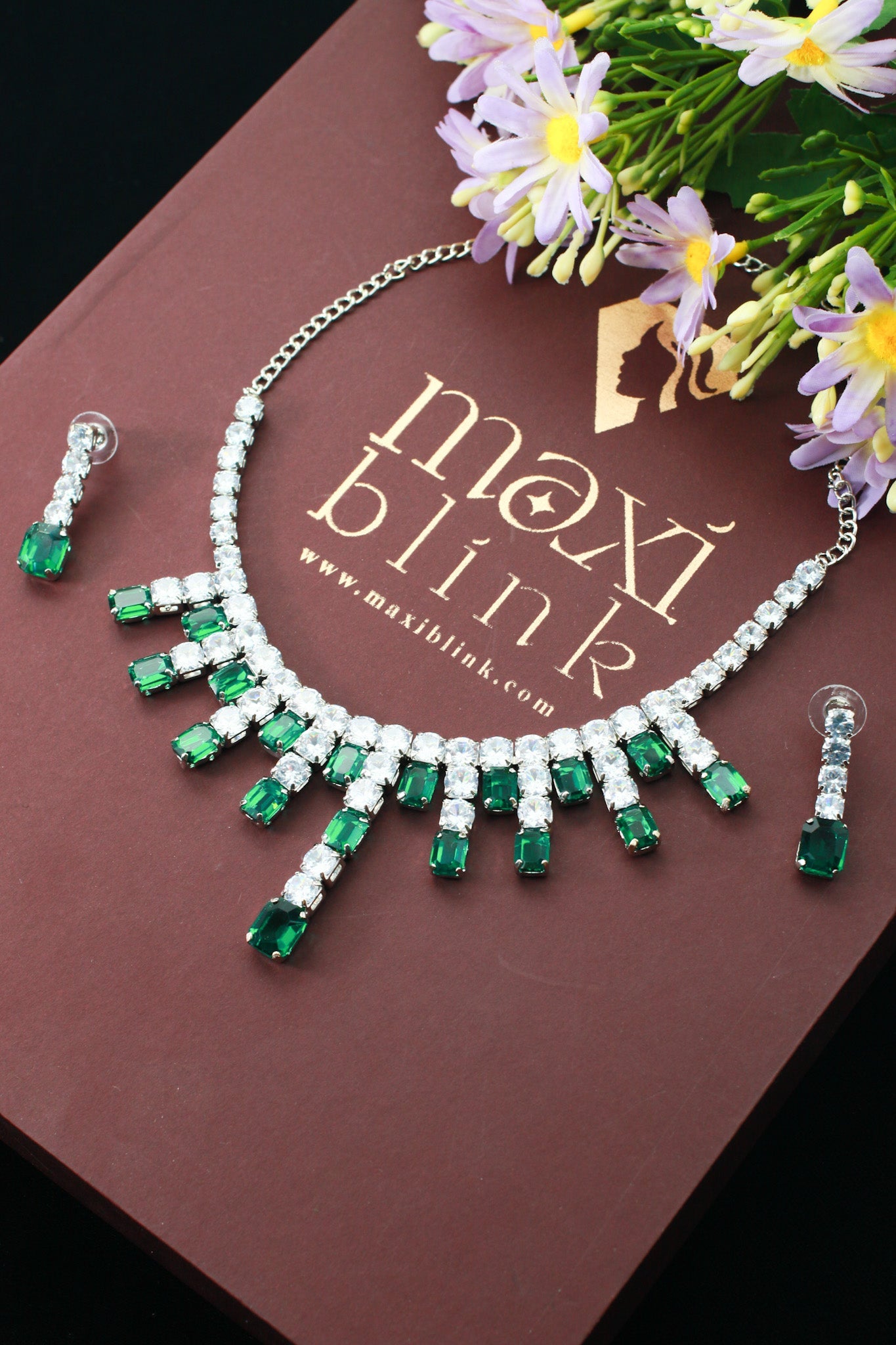 Emerald Green Crystal Drop Korean Glass Stone Necklace Set | Premium Jewellery - Maxiblink