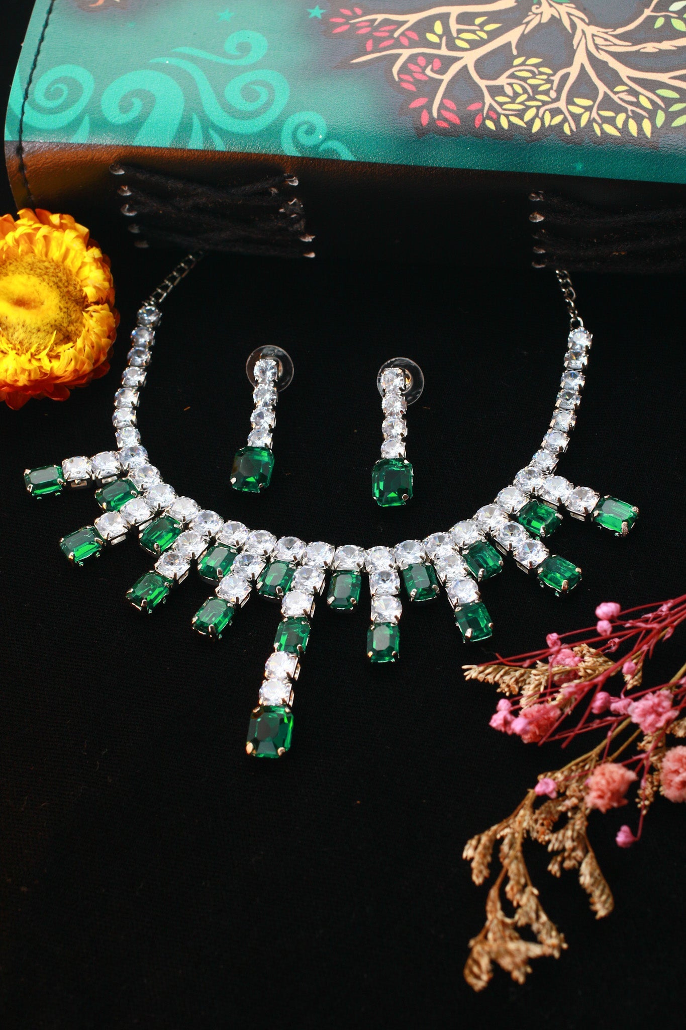 Emerald Green Crystal Drop Korean Glass Stone Necklace Set | Premium Jewellery - Maxiblink
