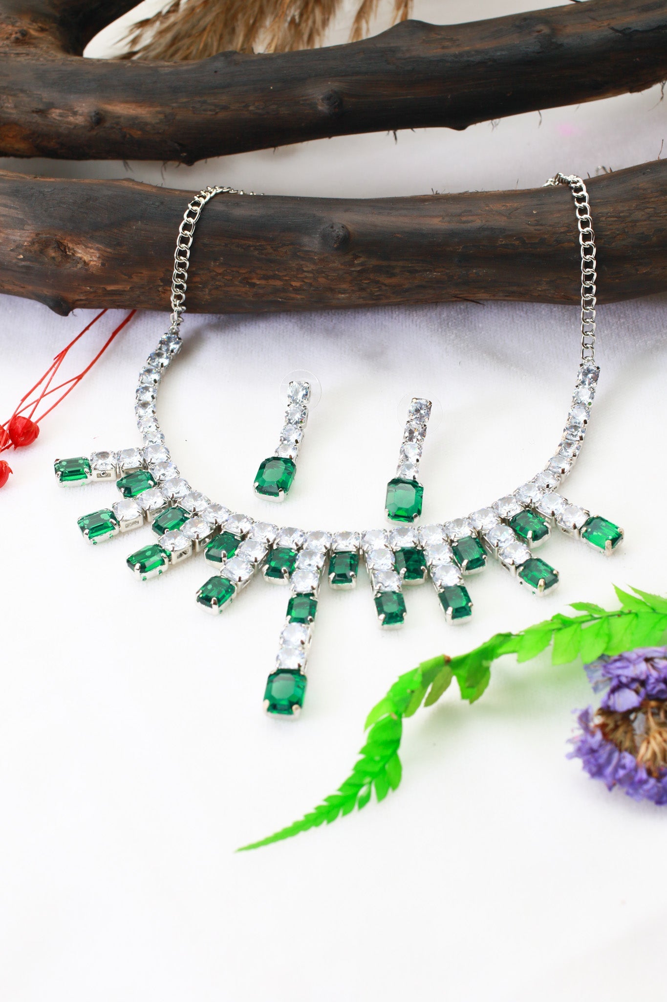 Emerald Green Crystal Drop Korean Glass Stone Necklace Set | Premium Jewellery - Maxiblink