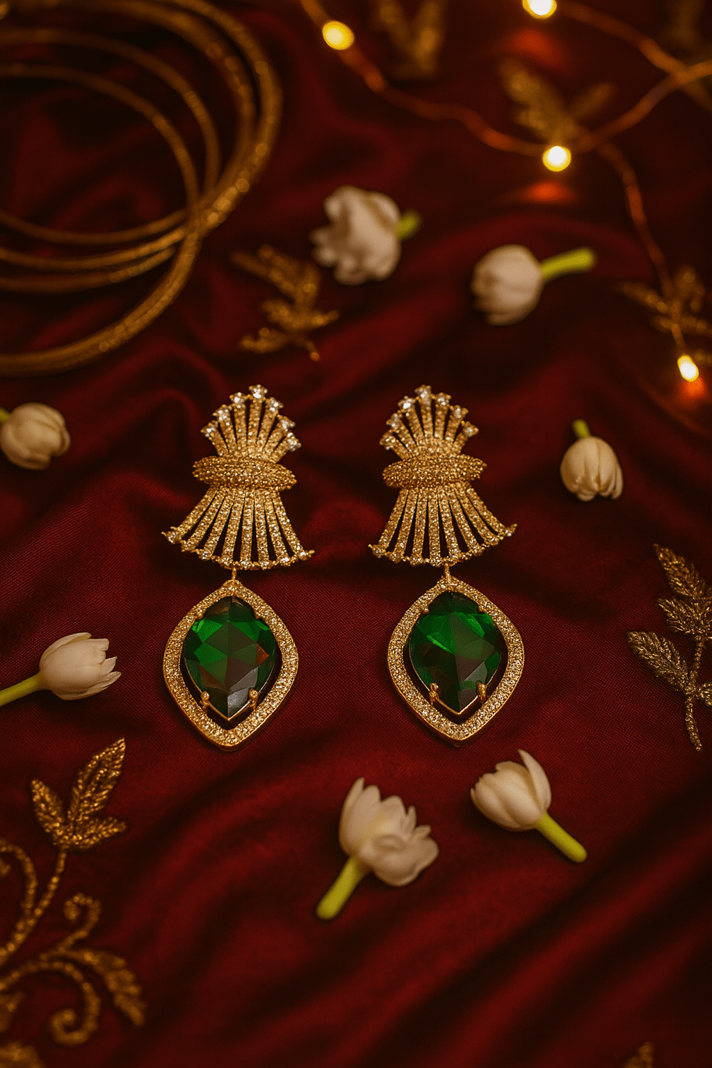 Emerald Green Diamond - Cut AD Earrings with Fan Top - Maxiblink