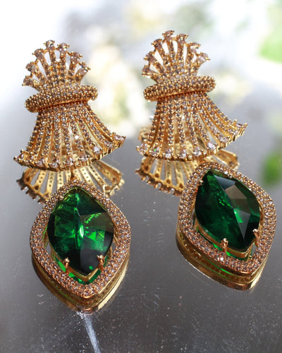 Emerald Green Diamond - Cut AD Earrings with Fan Top - Maxiblink