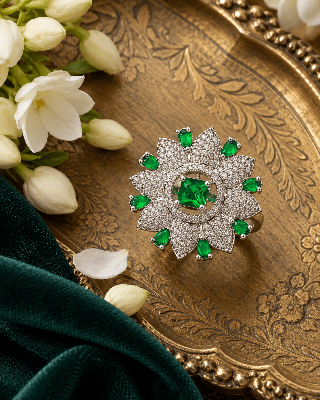 Emerald Green Flower Cocktail Ring with CZ Petals - Maxiblink