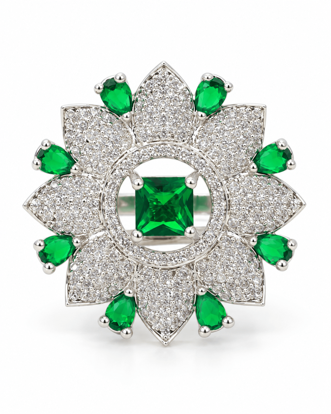 Emerald Green Flower Cocktail Ring with CZ Petals - Maxiblink