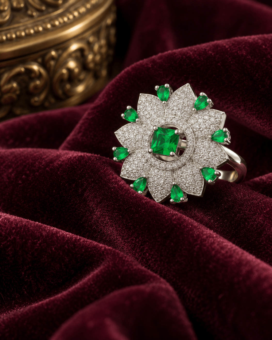Emerald Green Flower Cocktail Ring with CZ Petals - Maxiblink