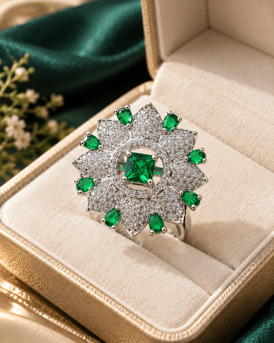 Emerald Green Flower Cocktail Ring with CZ Petals - Maxiblink