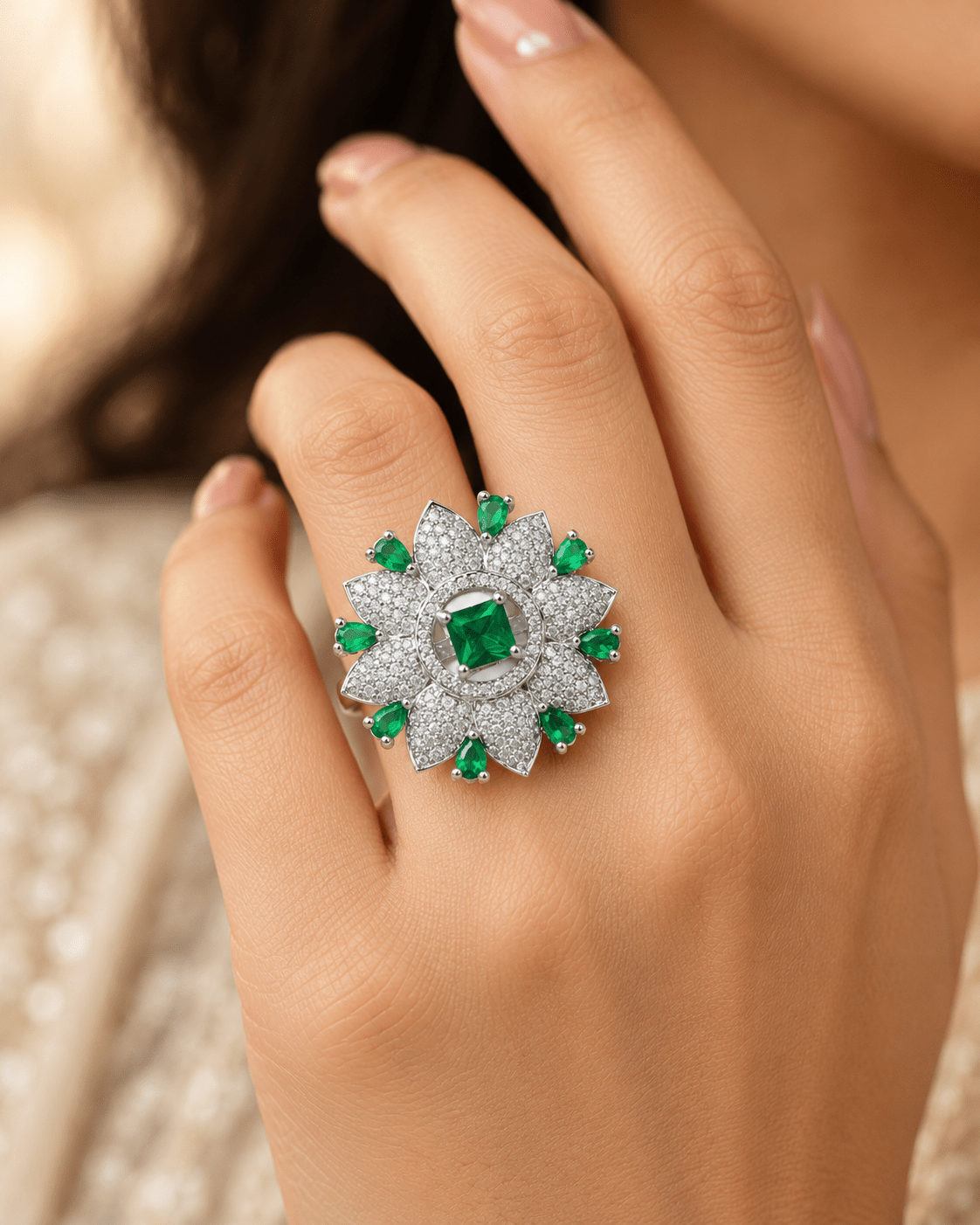 Emerald Green Flower Cocktail Ring with CZ Petals - Maxiblink