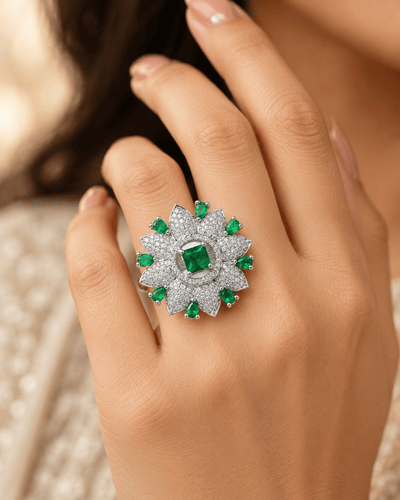 Emerald Green Flower Cocktail Ring with CZ Petals - Maxiblink