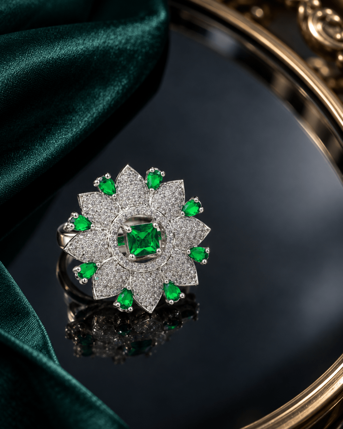 Emerald Green Flower Cocktail Ring with CZ Petals - Maxiblink