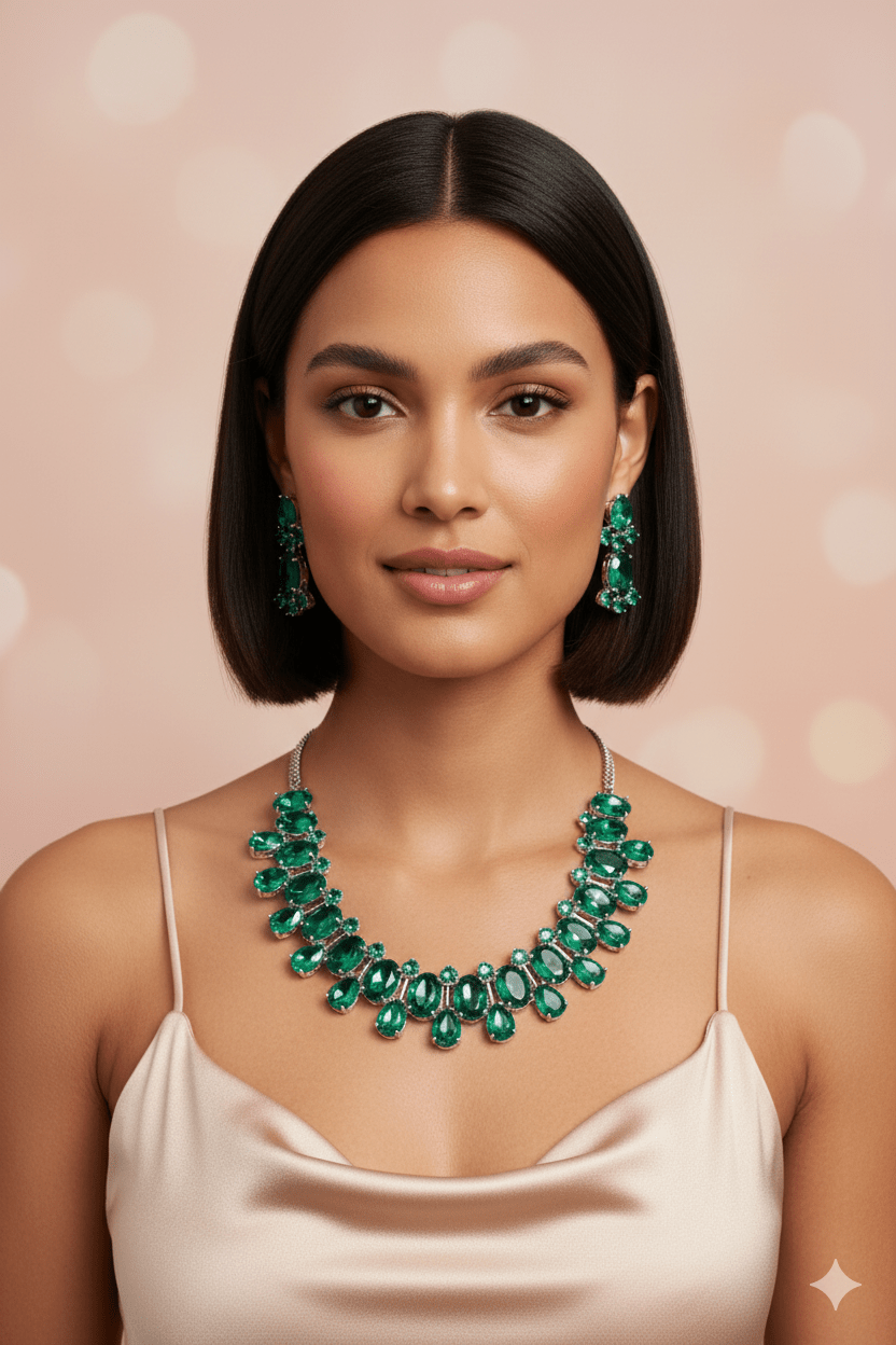 Emerald Green Korean Glass Stone Jewelry Necklace Set | Rhodium Plated Wedding & Party Jewelry with Earrings - Maxiblink