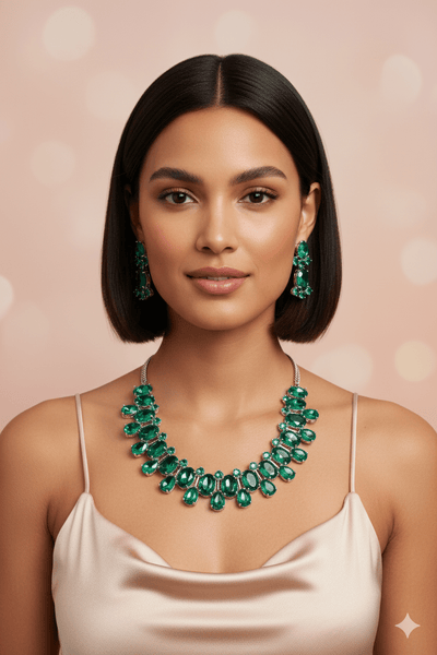 Emerald Green Korean Glass Stone Jewelry Necklace Set | Rhodium Plated Wedding & Party Jewelry with Earrings - Maxiblink