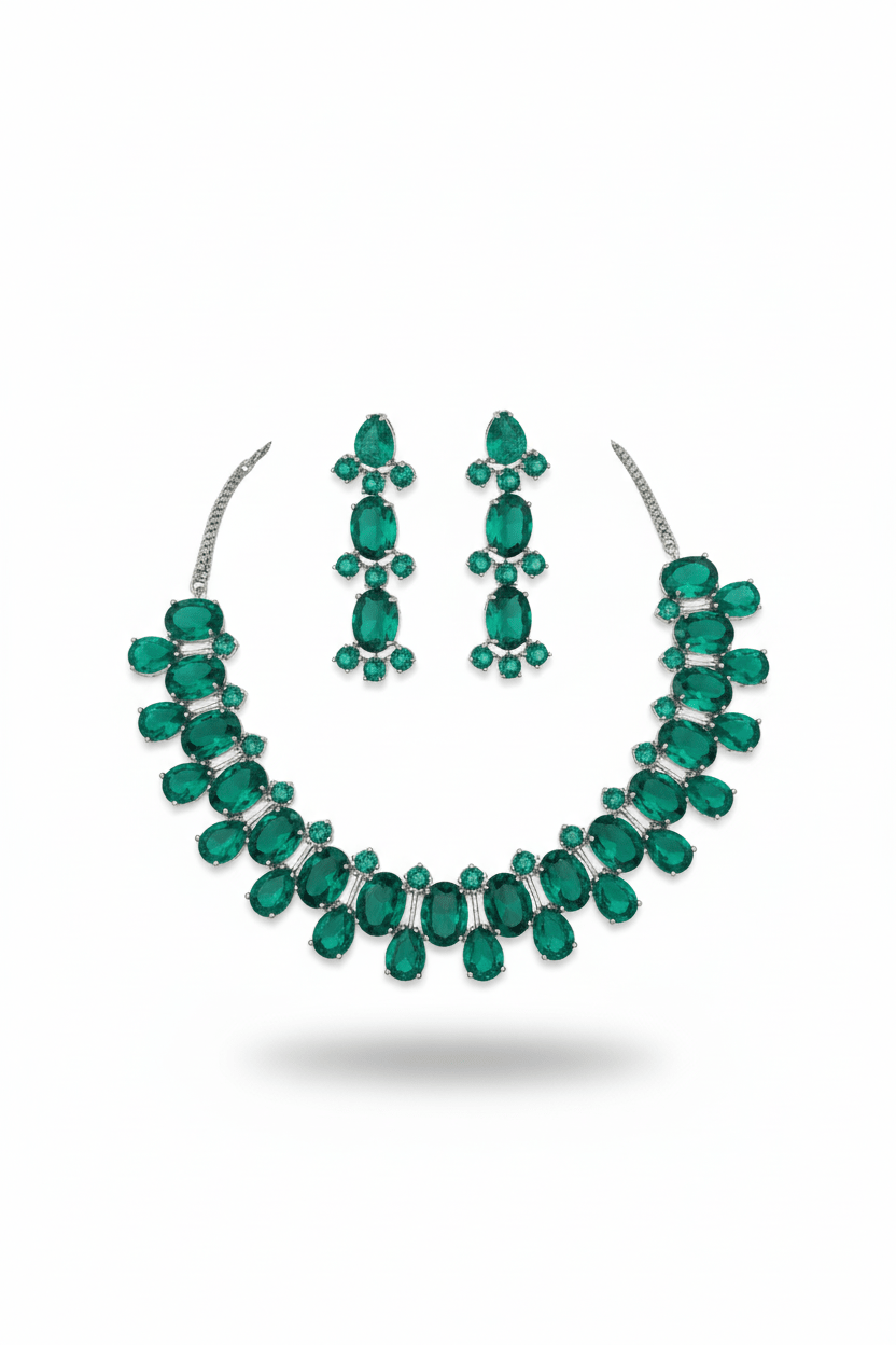 Emerald Green Korean Glass Stone Jewelry Necklace Set | Rhodium Plated Wedding & Party Jewelry with Earrings - Maxiblink