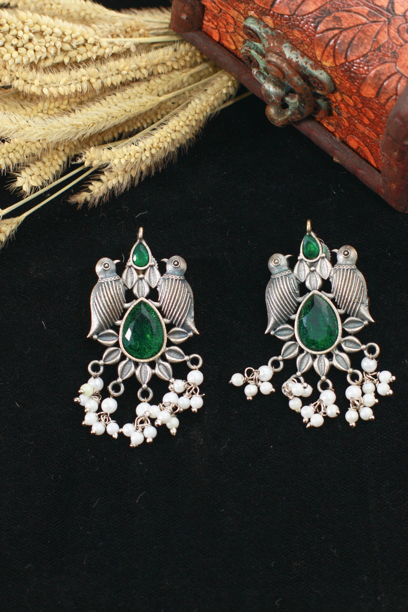Emerald Green Monalisa Bird Motif Oxidised German Silver Earrings with Pearls - Maxiblink