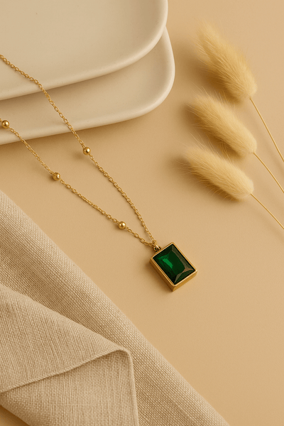 Emerald Green Rectangle Pendant with Gold Bead Chain - Maxiblink