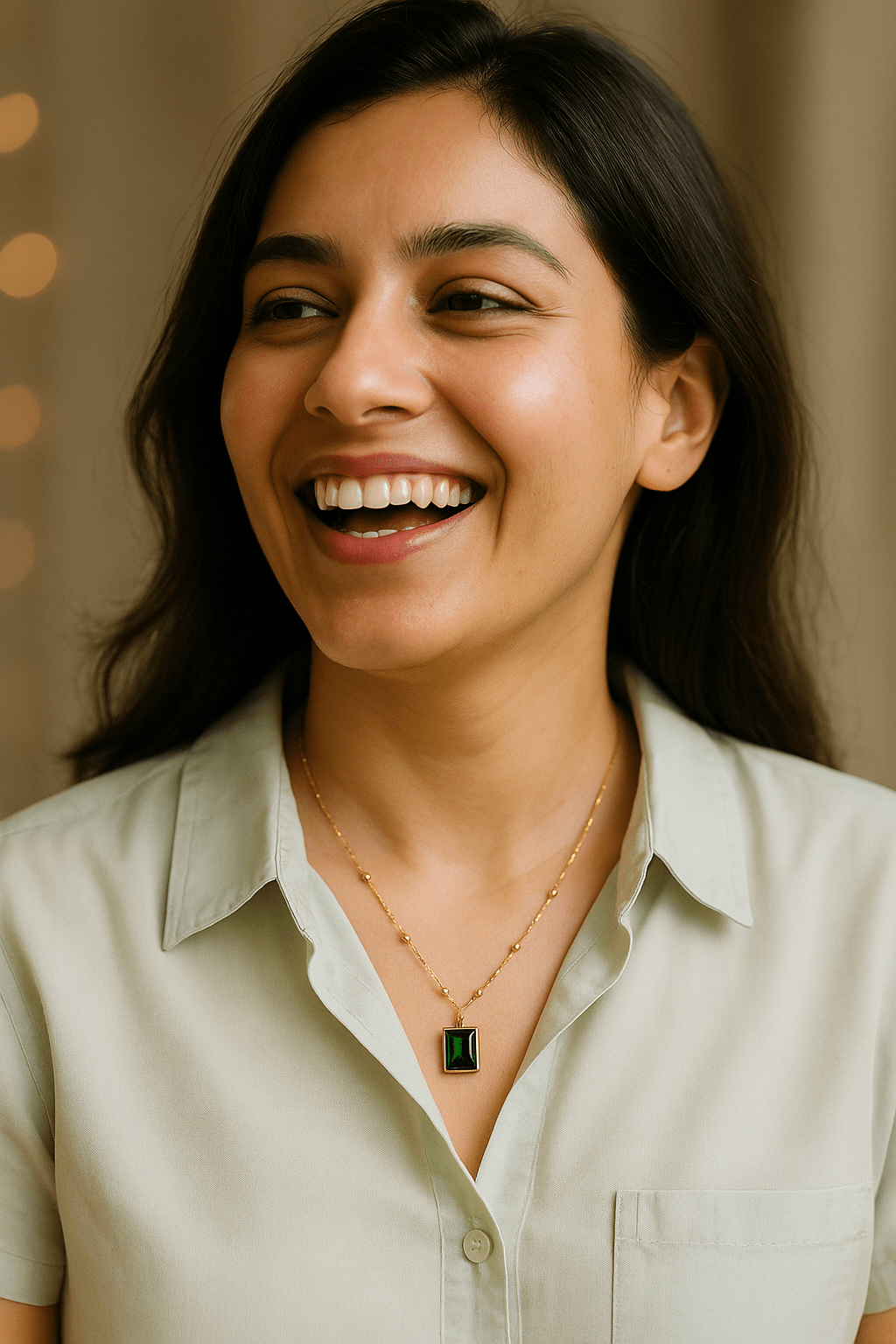 Emerald Green Rectangle Pendant with Gold Bead Chain - Maxiblink