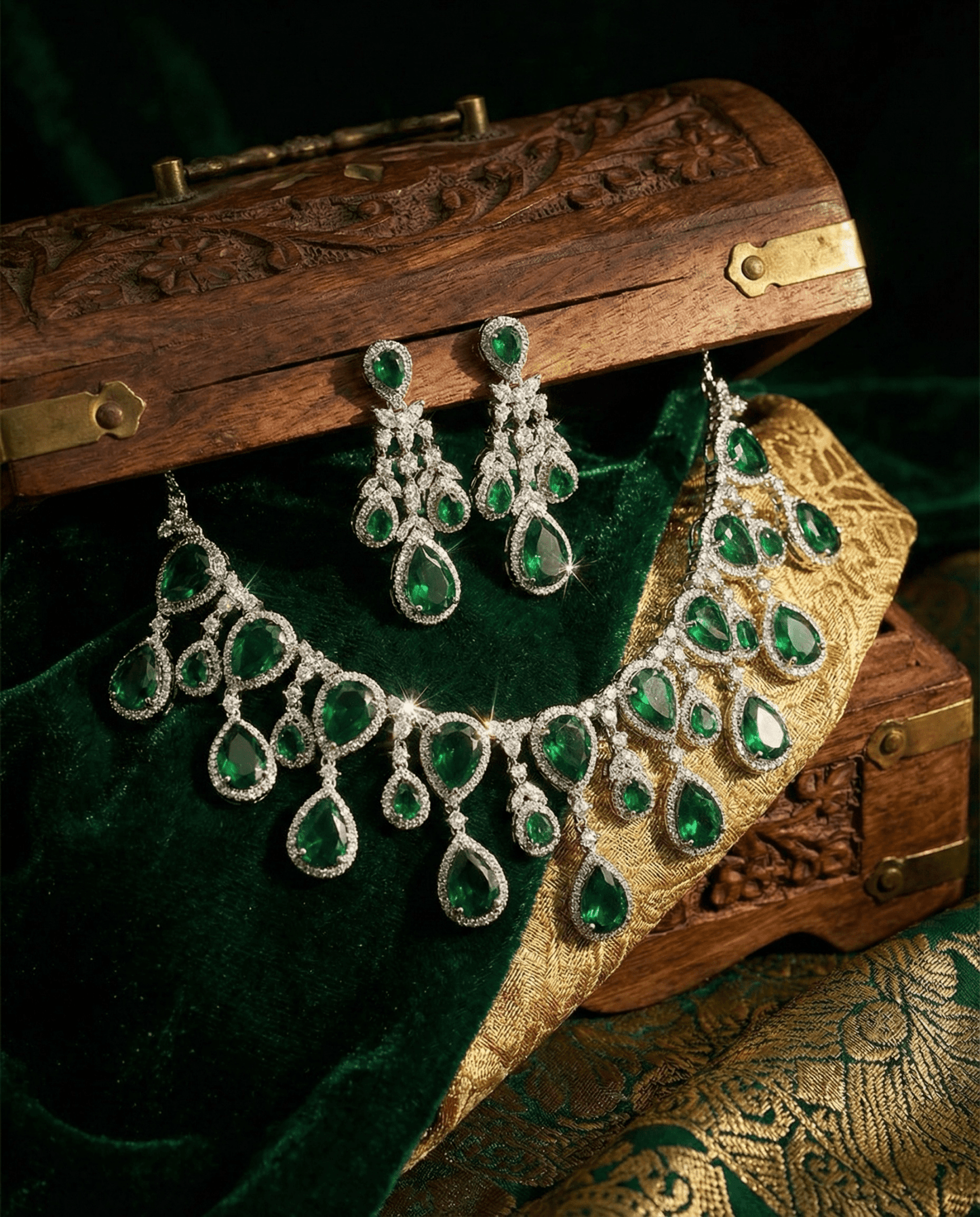 Emerald Green Teardrop Statement Necklace Set with Crystal Halo | Luxury Bridal Jewellery - Maxiblink