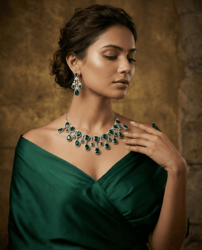 Emerald Green Teardrop Statement Necklace Set with Crystal Halo | Luxury Bridal Jewellery - Maxiblink
