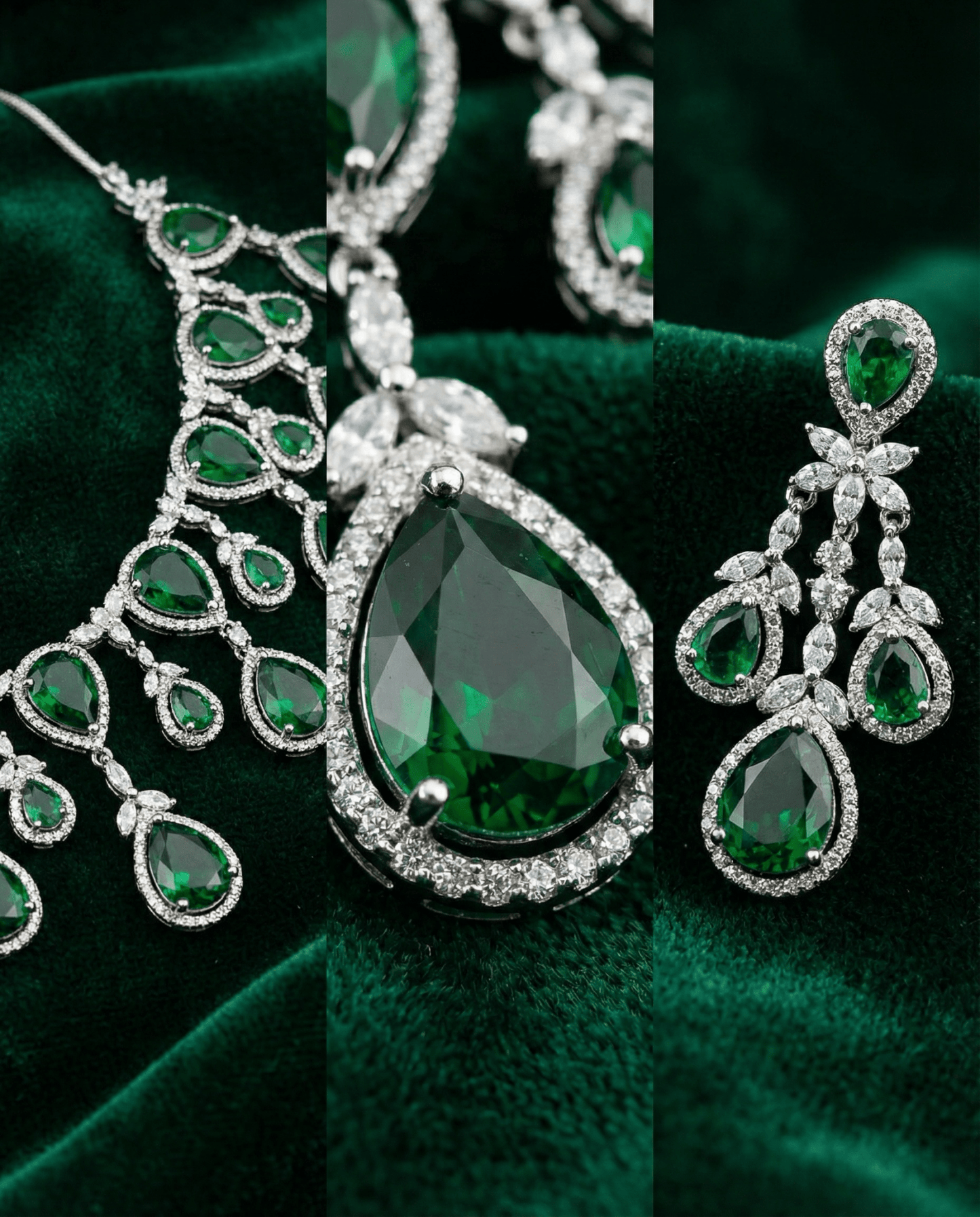 Emerald Green Teardrop Statement Necklace Set with Crystal Halo | Luxury Bridal Jewellery - Maxiblink