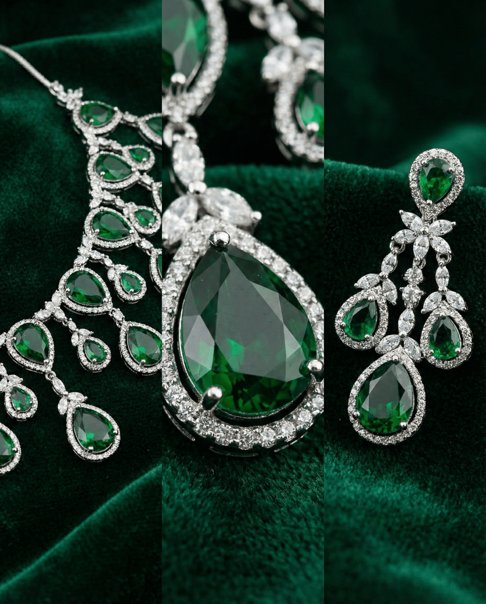Emerald Green Teardrop Statement Necklace Set with Crystal Halo | Luxury Bridal Jewellery - Maxiblink