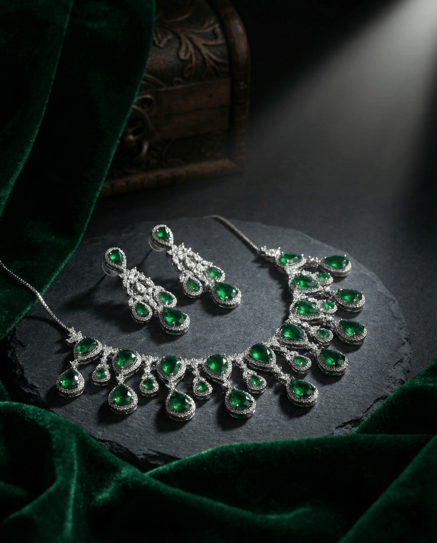 Emerald Green Teardrop Statement Necklace Set with Crystal Halo | Luxury Bridal Jewellery - Maxiblink