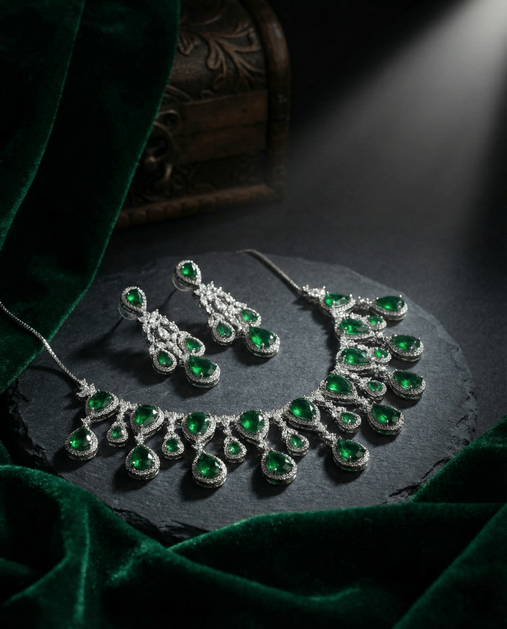 Emerald Green Teardrop Statement Necklace Set with Crystal Halo | Luxury Bridal Jewellery - Maxiblink