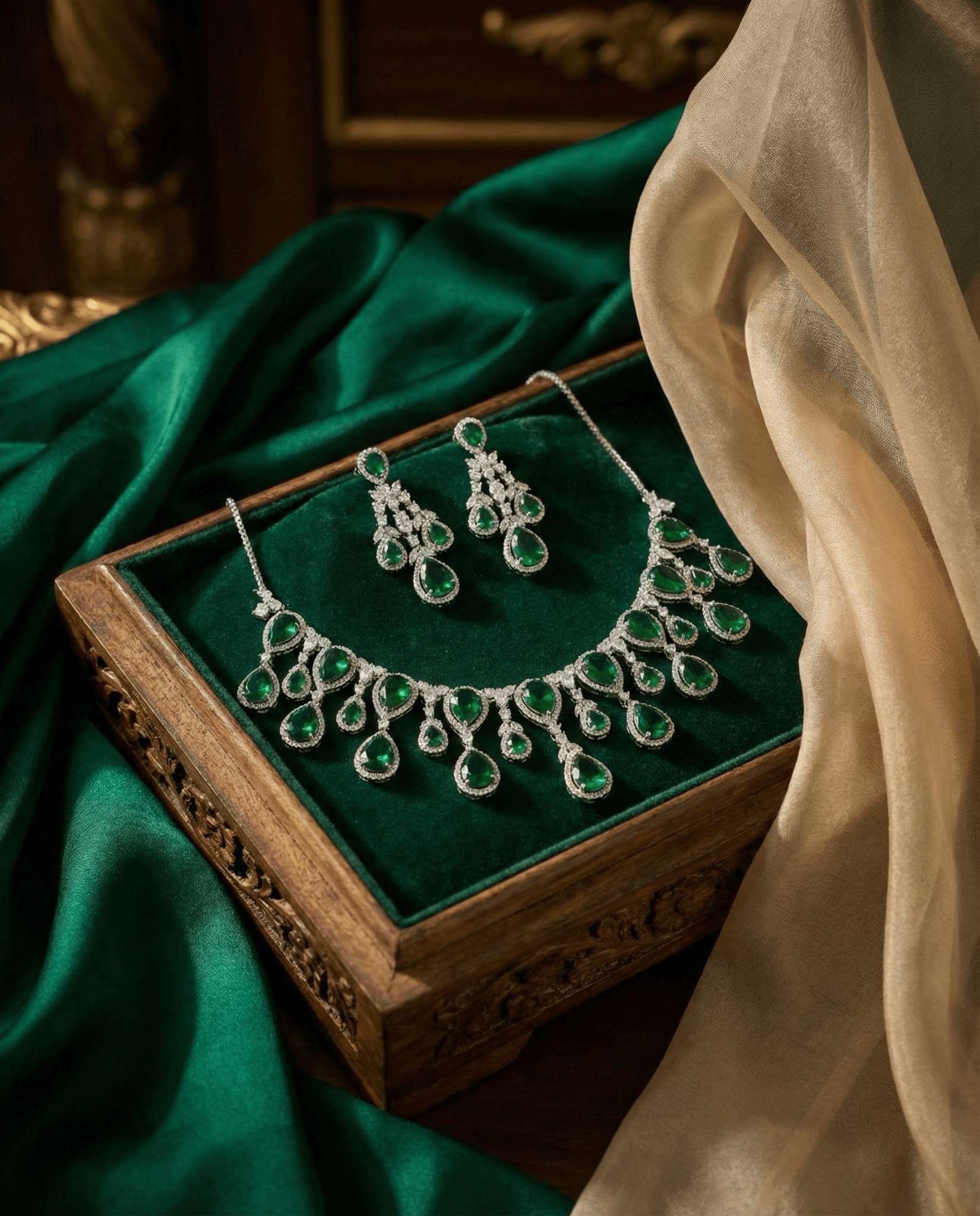 Emerald Green Teardrop Statement Necklace Set with Crystal Halo | Luxury Bridal Jewellery - Maxiblink
