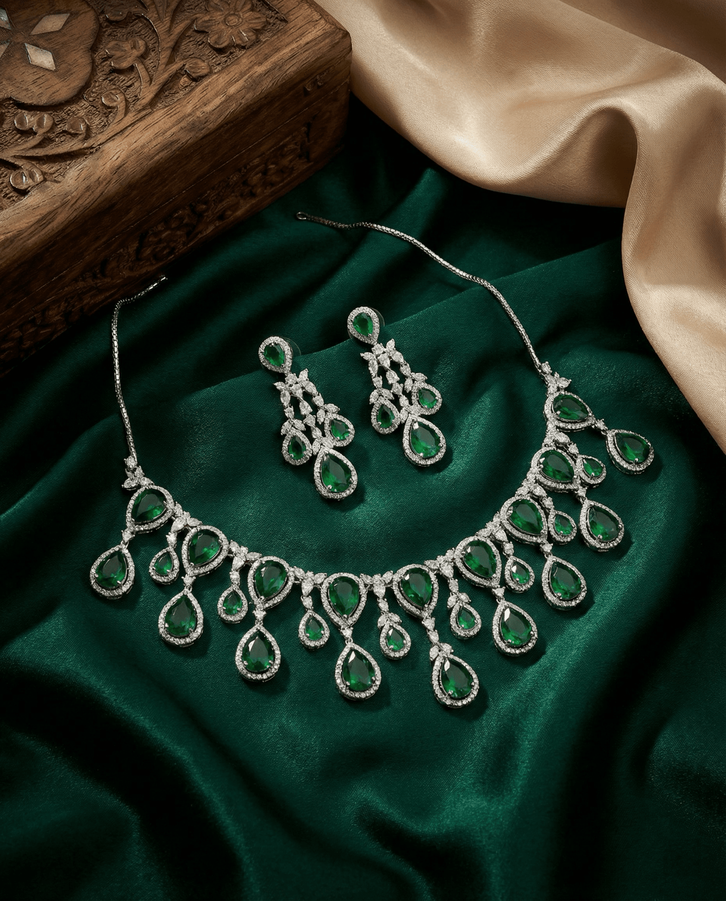 Emerald Green Teardrop Statement Necklace Set with Crystal Halo | Luxury Bridal Jewellery - Maxiblink