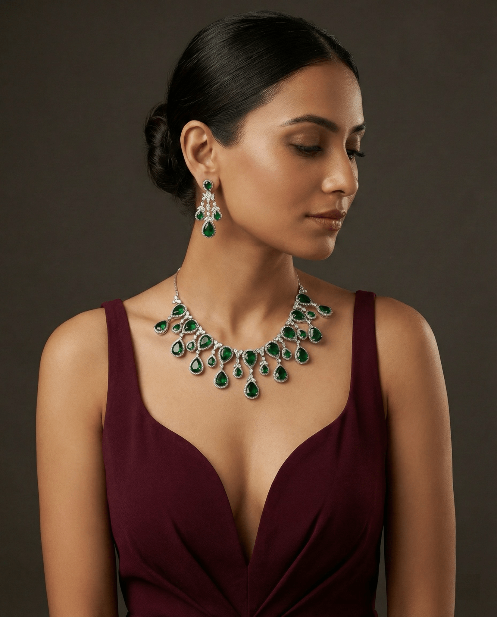 Emerald Green Teardrop Statement Necklace Set with Crystal Halo | Luxury Bridal Jewellery - Maxiblink