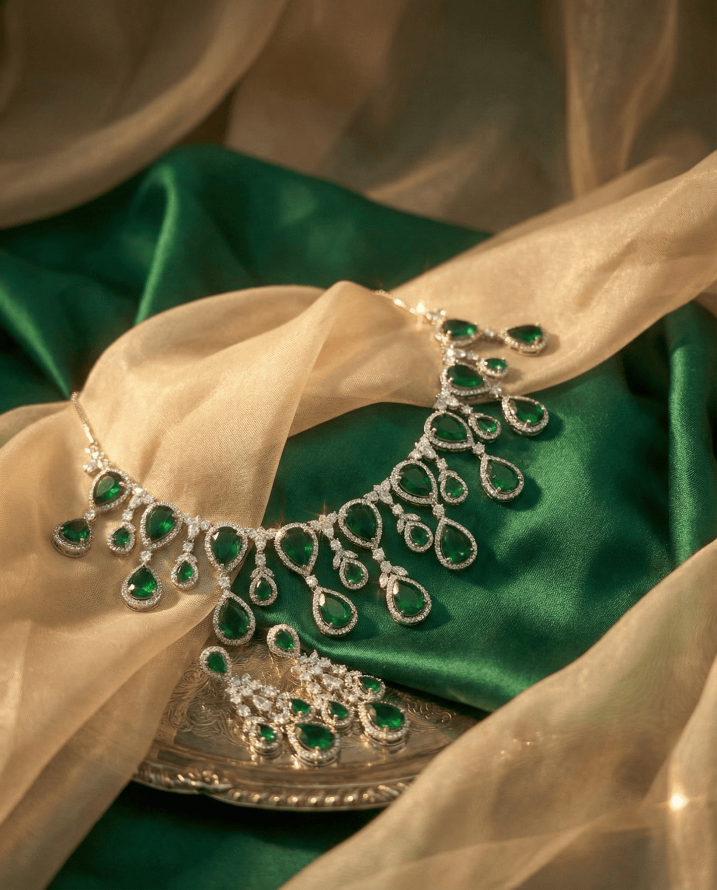 Emerald Green Teardrop Statement Necklace Set with Crystal Halo | Luxury Bridal Jewellery - Maxiblink