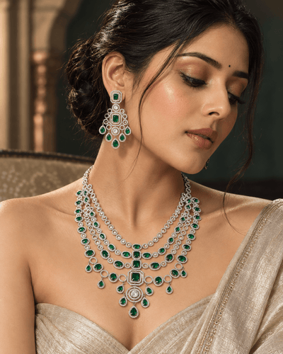 Emerald Layered American Diamond Chandelier Necklace Set - Maxiblink