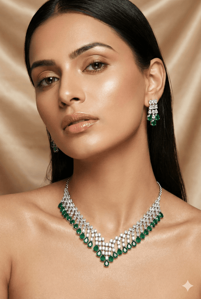 Emerald Layered Korean Glass Stone Necklace Set | Luxury Jewellery - Maxiblink