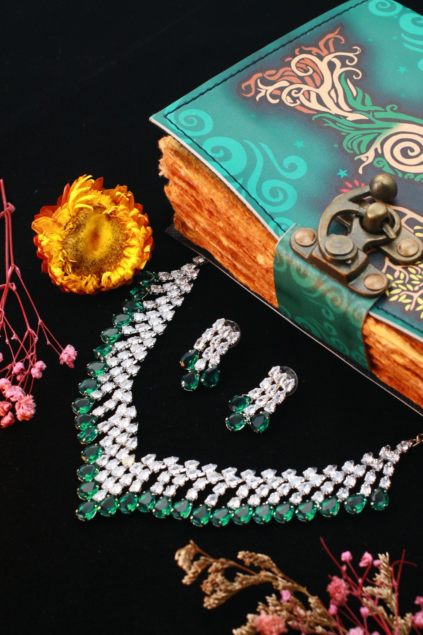 Emerald Layered Korean Glass Stone Necklace Set | Luxury Jewellery - Maxiblink