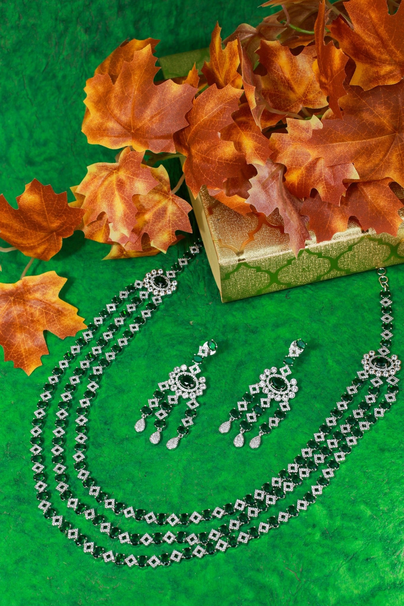 Emerald Layered Ranihaar Style Necklace Set - Maxiblink