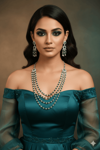 Emerald Layered Ranihaar Style Necklace Set - Maxiblink
