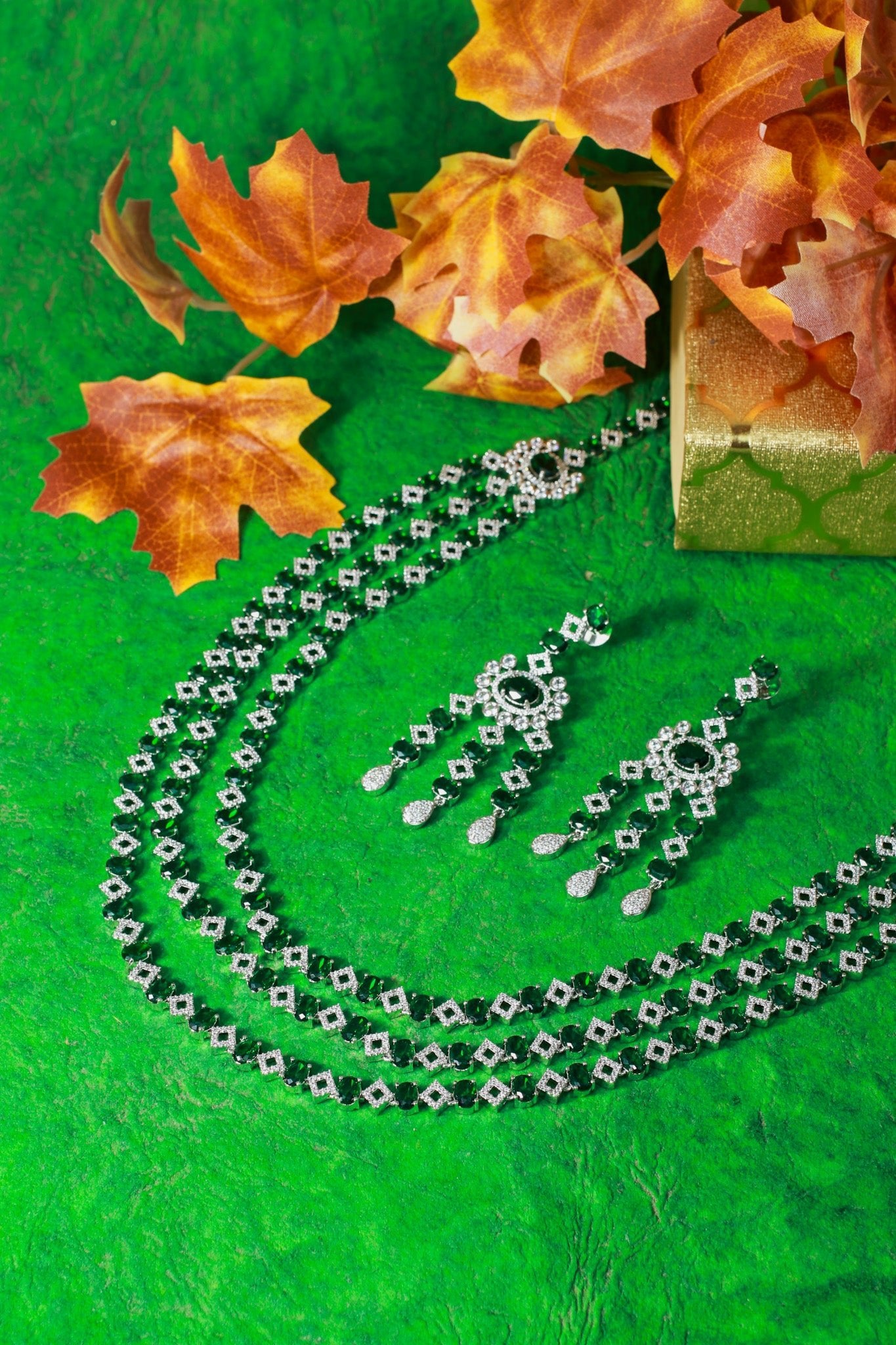 Emerald Layered Ranihaar Style Necklace Set - Maxiblink