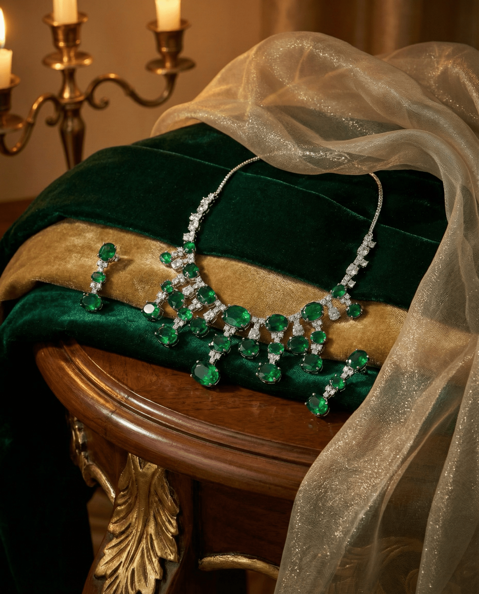 Emerald Oval Drop Necklace Set with Crystal Accents | Royal Statement Jewellery - Maxiblink