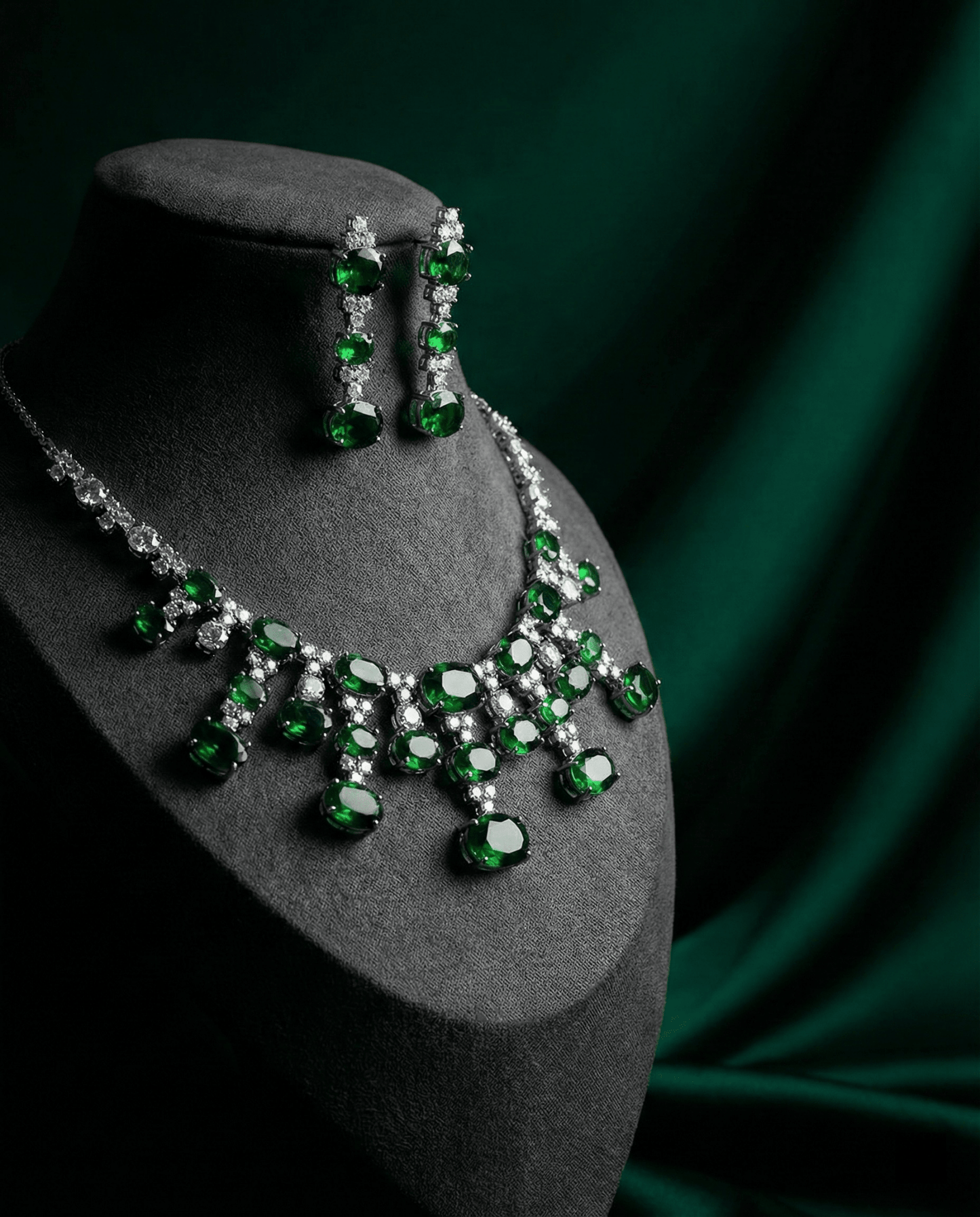 Emerald Oval Drop Necklace Set with Crystal Accents | Royal Statement Jewellery - Maxiblink