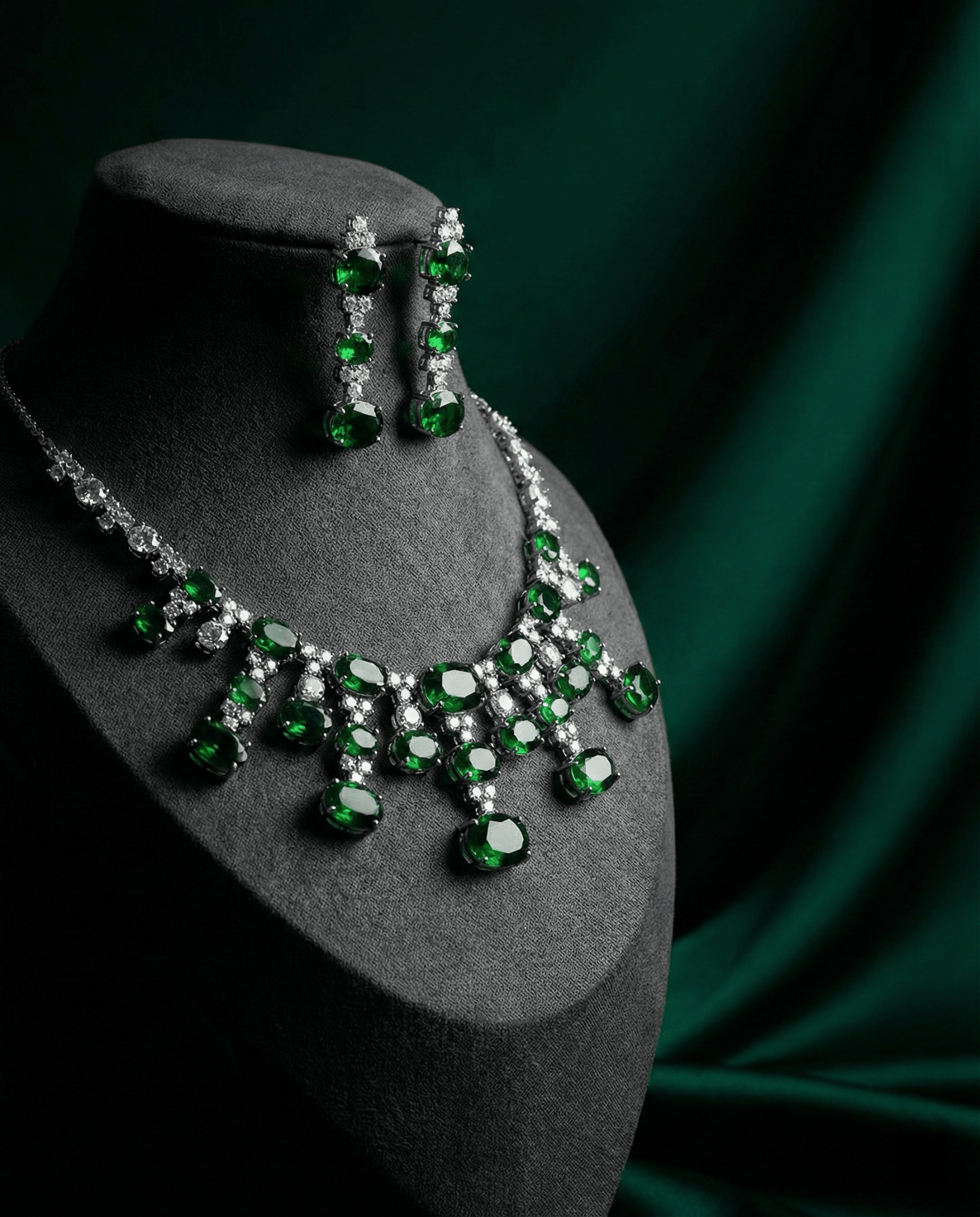 Emerald Oval Drop Necklace Set with Crystal Accents | Royal Statement Jewellery - Maxiblink