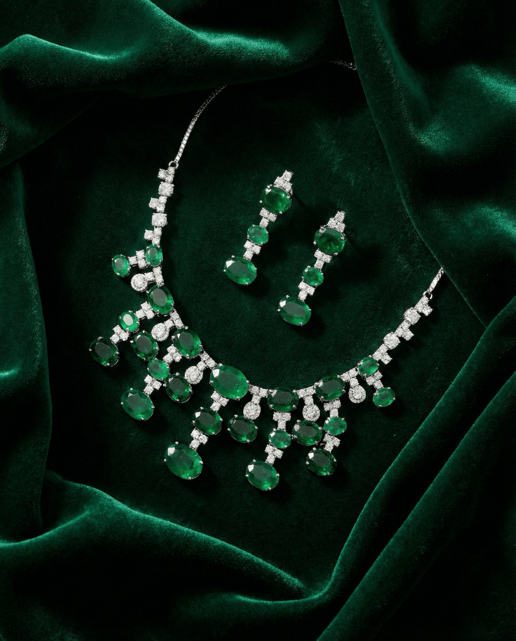 Emerald Oval Drop Necklace Set with Crystal Accents | Royal Statement Jewellery - Maxiblink