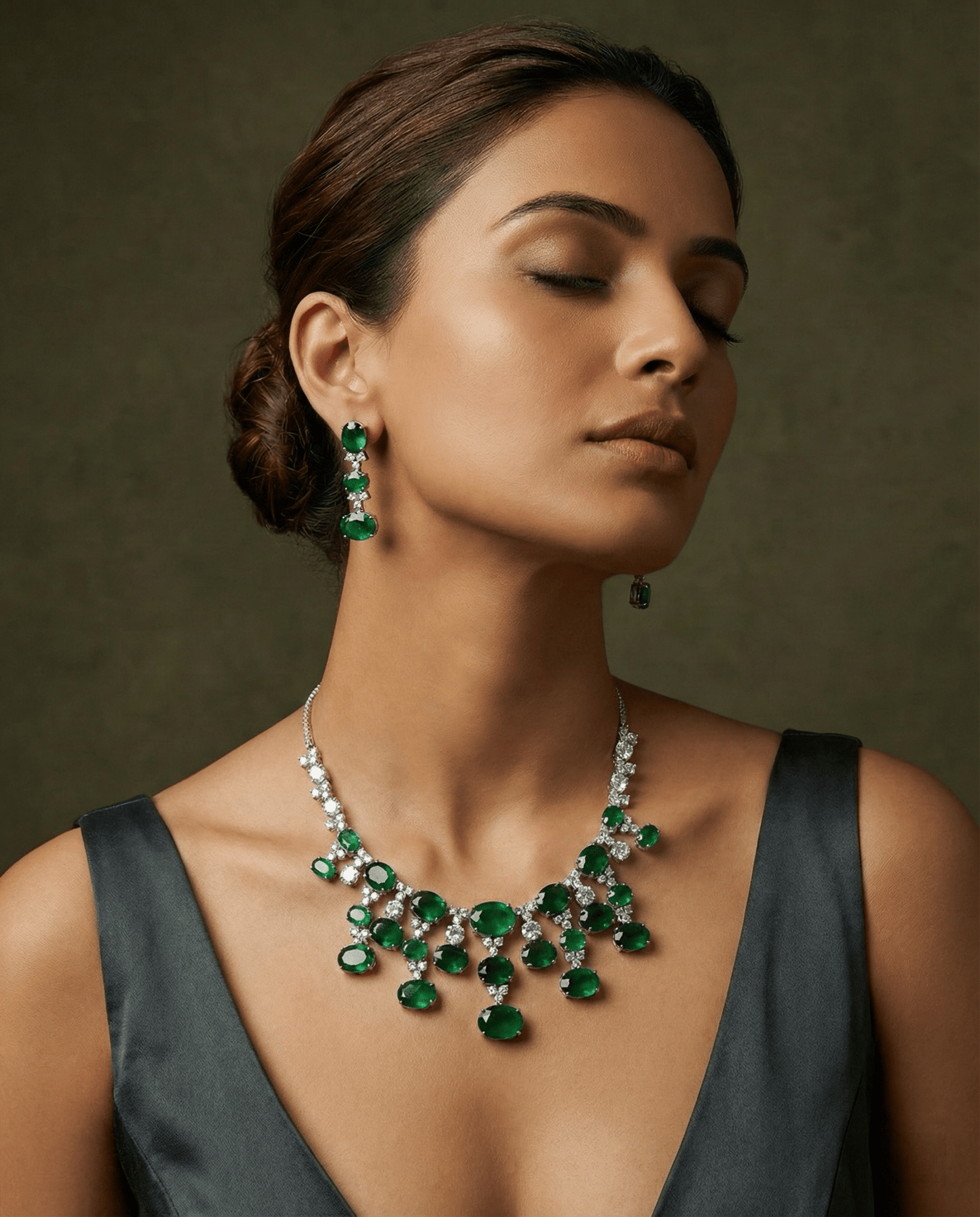 Emerald Oval Drop Necklace Set with Crystal Accents | Royal Statement Jewellery - Maxiblink
