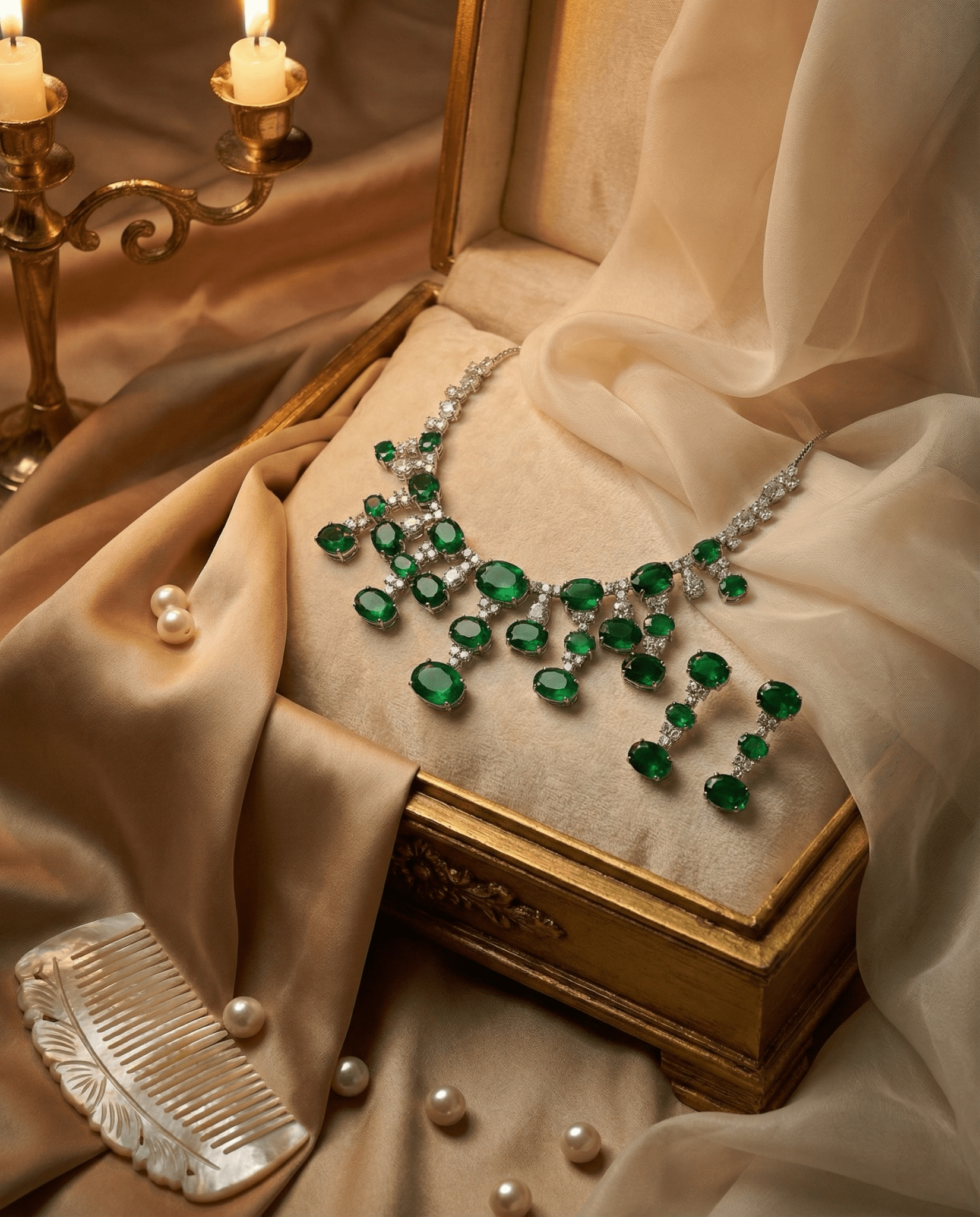 Emerald Oval Drop Necklace Set with Crystal Accents | Royal Statement Jewellery - Maxiblink