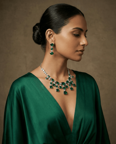 Emerald Oval Drop Necklace Set with Crystal Accents | Royal Statement Jewellery - Maxiblink