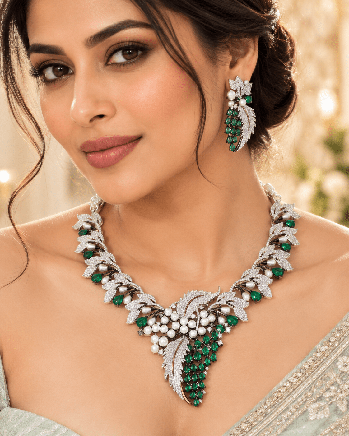 Emerald Pearl Botanical American Diamond Necklace Set - Maxiblink