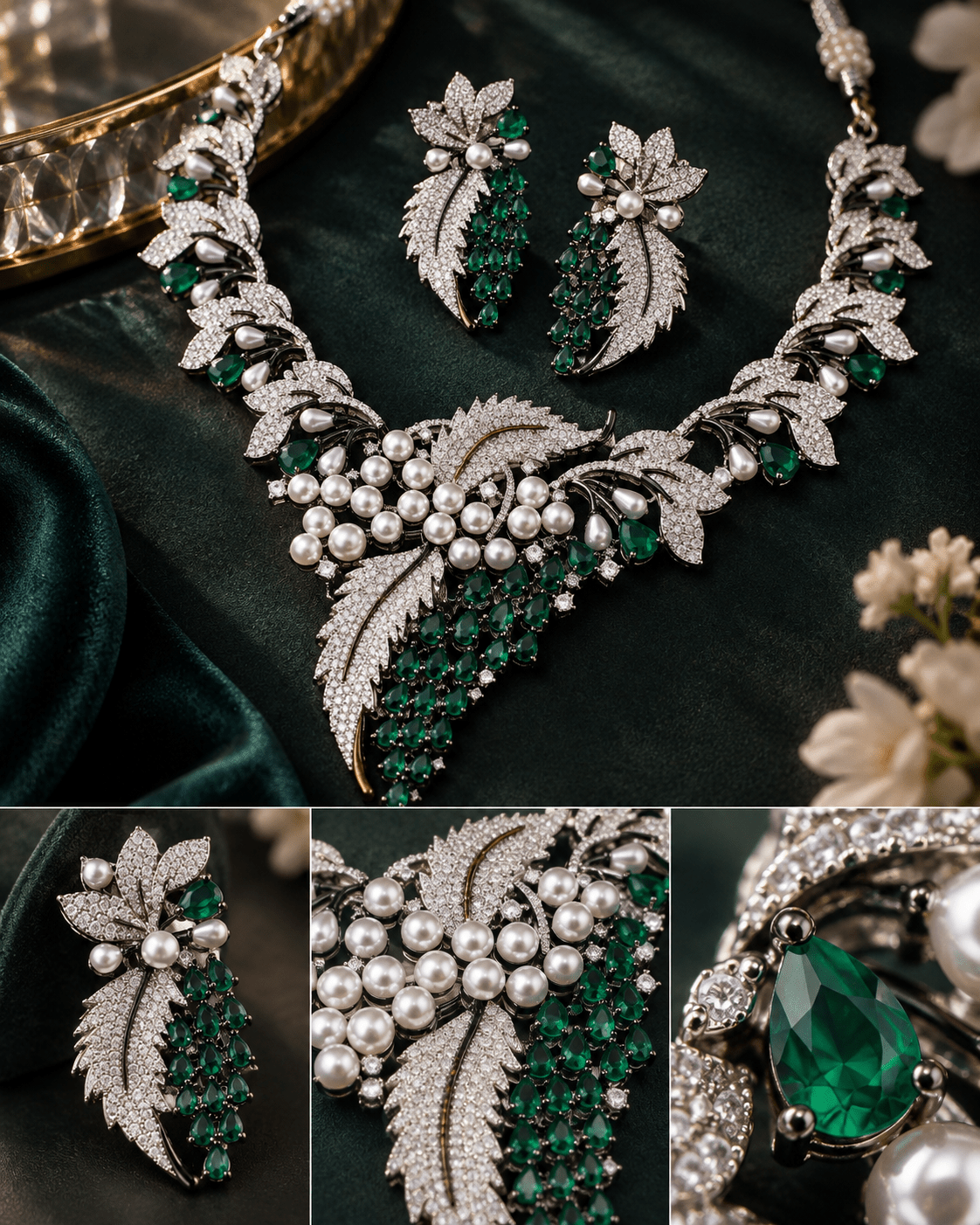 Emerald Pearl Botanical American Diamond Necklace Set - Maxiblink