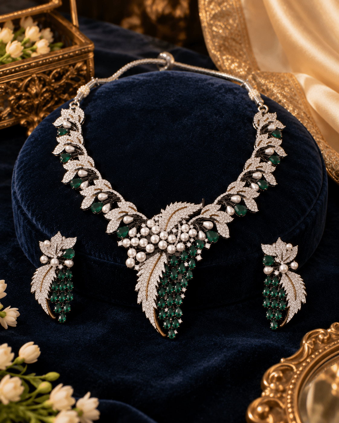 Emerald Pearl Botanical American Diamond Necklace Set - Maxiblink