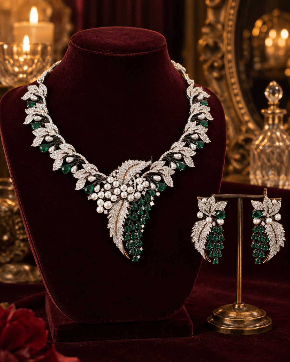 Emerald Pearl Botanical American Diamond Necklace Set - Maxiblink