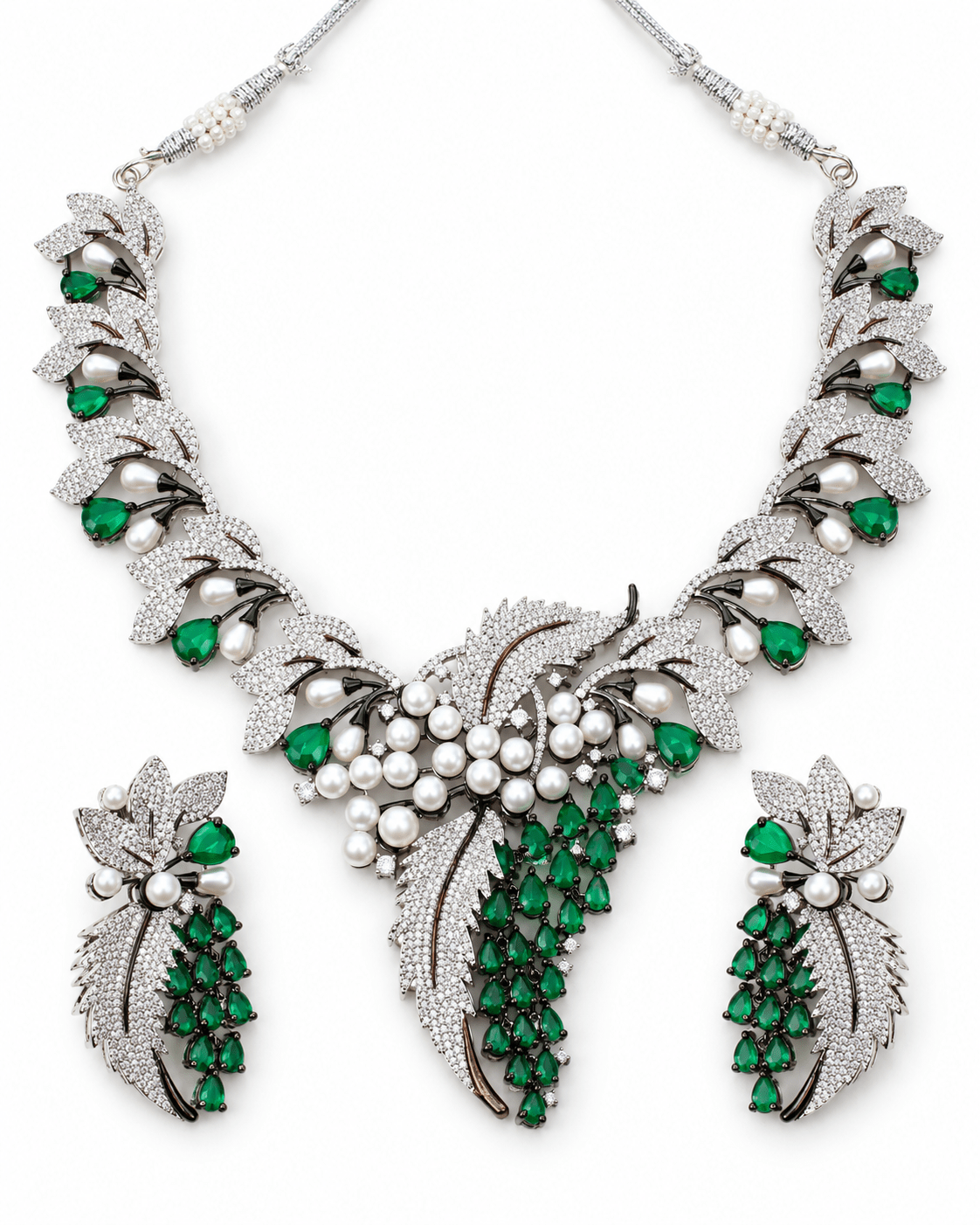 Emerald Pearl Botanical American Diamond Necklace Set - Maxiblink