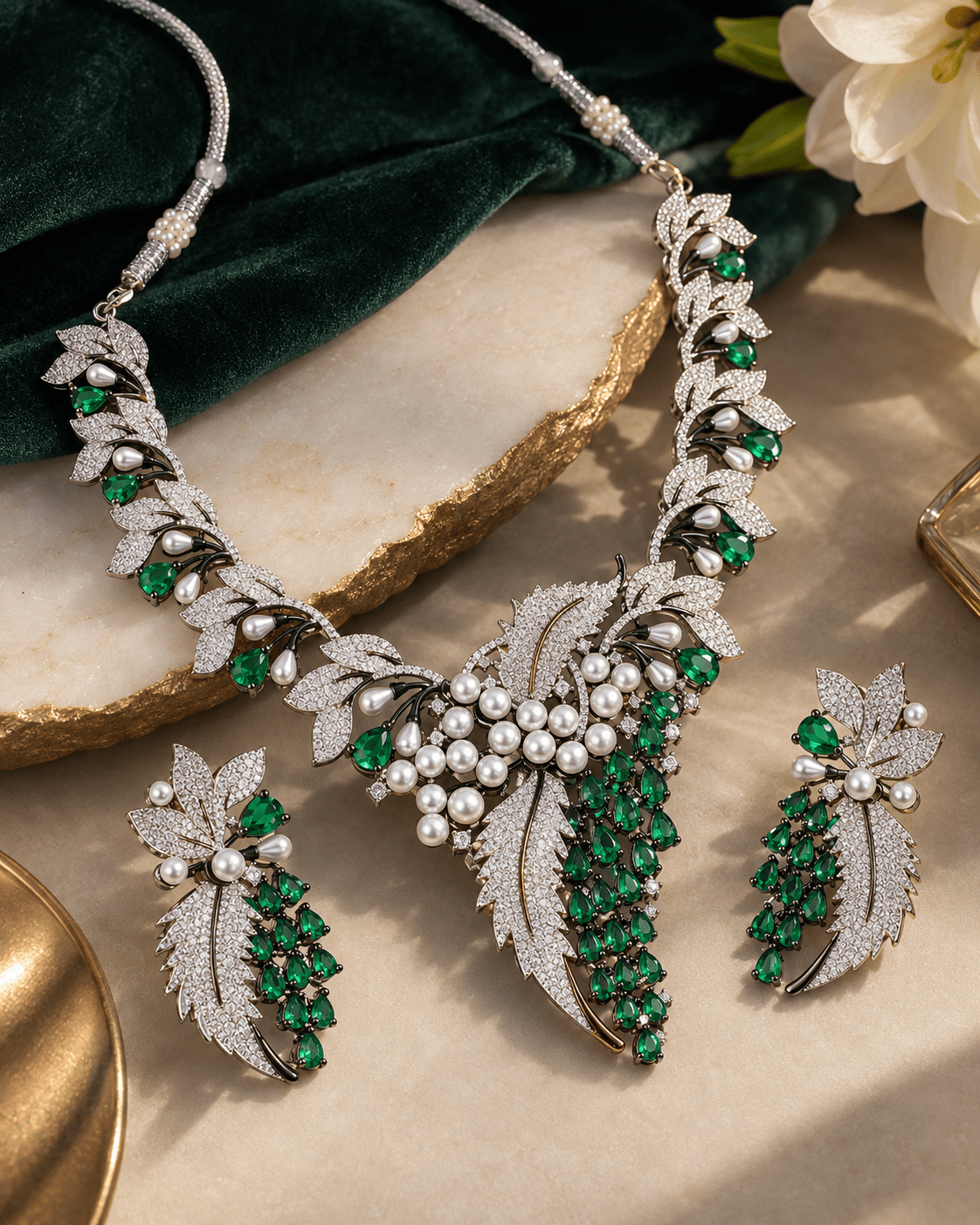 Emerald Pearl Botanical American Diamond Necklace Set - Maxiblink